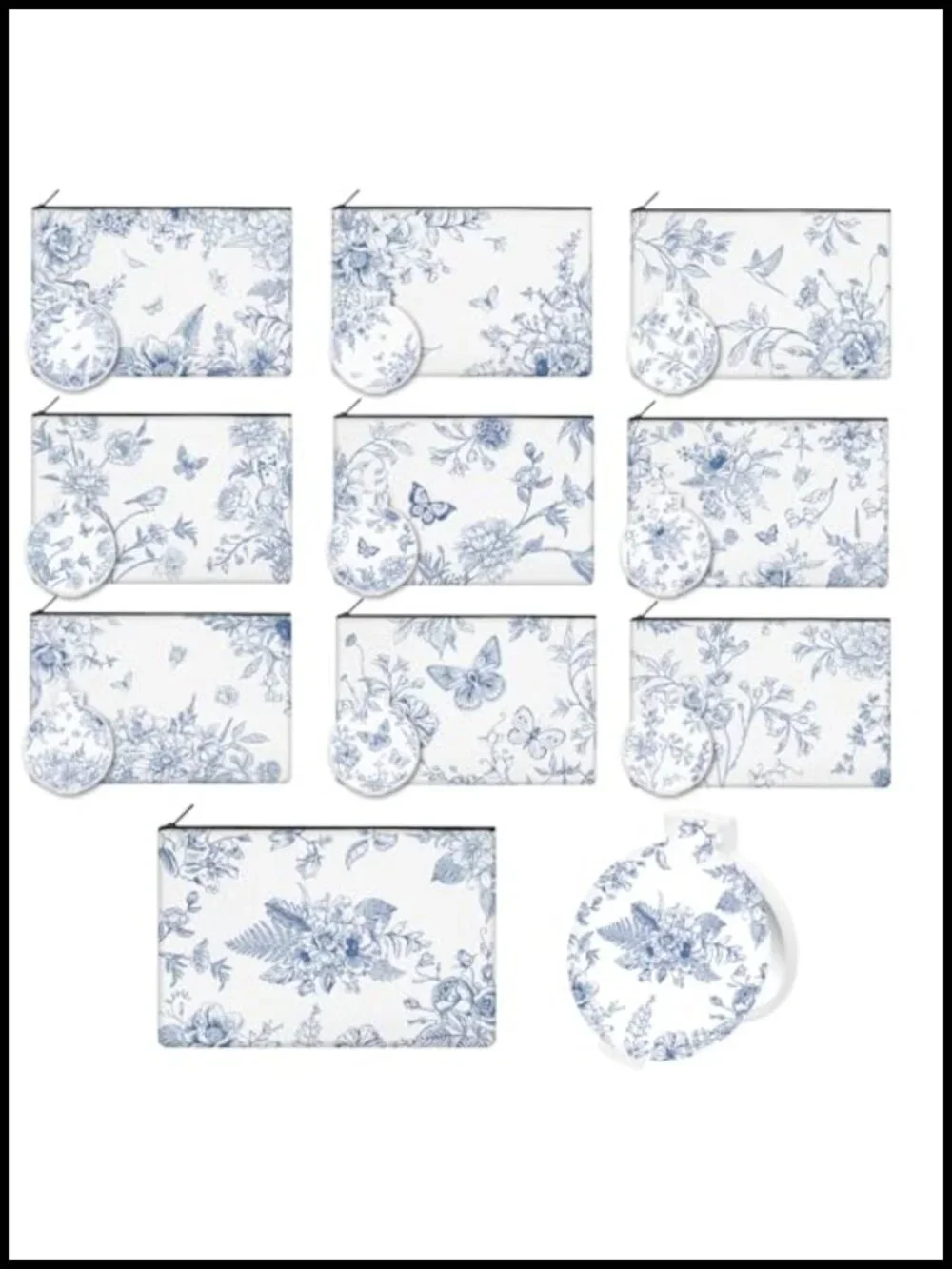 Set of 10 Canvas Makeup Bags with Mirrors, Travel Toiletry Pouch, Zipper, Gift